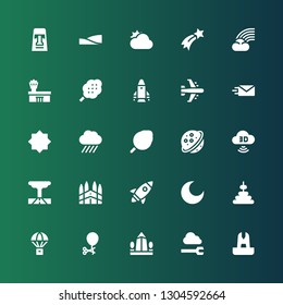 sky icon set. Collection of 25 filled sky icons included Fountain, Cloud, Obelisk, Ballon, Parachute, Tower, Night, Rocket, Barcelona, Tornado, Computing cloud, Saturn, Cotton candy