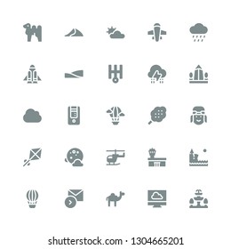 sky icon set. Collection of 25 filled sky icons included Fountain, Cloud, Camel, Sending, Hot air balloon, Cliff, Airport, Helicopter, Full moon, Kite, Pilot, Cotton candy, Tower