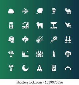 sky icon set. Collection of 25 filled sky icons included Noon, Tower, Rocket, Night, Parachute, Cloud, Smeaton, Barcelona, Cliff, Hot air balloon, Kite, Meteorite, Full moon, Airplane