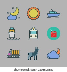 sky icon set. vector set about train, donkey, sun and cloudy night icons set.