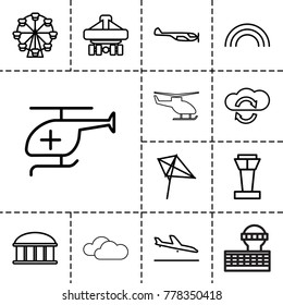 Sky icons. set of 13 editable outline sky icons such as airport tower, plane landing, helicopter, observatory, kite, ferris wheel, cargo plane back view, medical helicopter