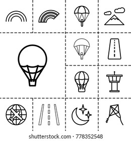 Sky icons. set of 13 editable outline sky icons such as runway, plane, airport tower, parachute, air balloon, mountain, moon and stars, rainbow