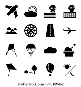 Sky icons. set of 16 editable filled sky icons such as runway, plane, airport tower, kite, parachute, observatory, hang glider, sun, cloud, sun and moon, air balloon