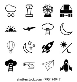 Sky icons. set of 16 editable filled and outline sky icons such as plane, rocket, ladder to the sky, sun and moon, airport tower, moon and stars, crescent, rain, helicopter
