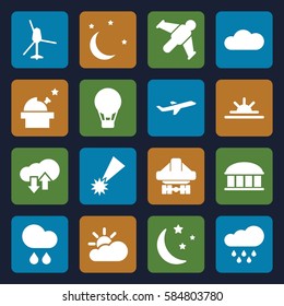 sky icons set. Set of 16 sky filled icons such as observatory, sun rise, cargo plane back view, moon and stars, plane, cloud, rain, sun cloud, download upload cloud