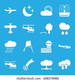Sky icons set. set of 16 sky filled icons such as helicopter, airport tower, rain, fountain, sun, moon and stars, plane, kite, download upload cloud, falling star