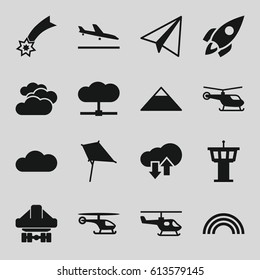 Sky icons set. set of 16 sky filled icons such as plane landing, cloudy weather, helicopter, pyramid, airport tower, paper airplane, kite, cargo plane back view, cloud, rocket