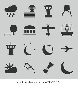 Sky icons set. set of 16 sky filled icons such as airport tower, observatory, fountain, crescent, moon and stars, sun cloud, rain, plane, kite, falling star, constellation