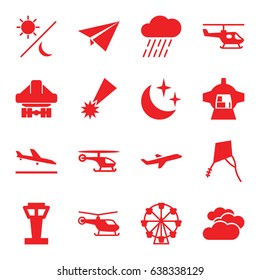 Sky icons set. set of 16 sky filled icons such as airport tower, plane landing, cloudy weather, helicopter, rain, cargo plane back view, luggage compartment in airplane