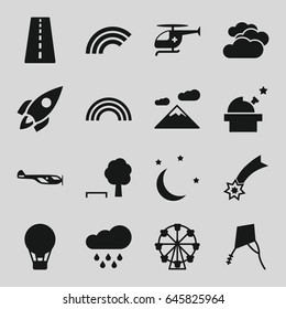 Sky icons set. set of 16 sky filled icons such as runway, cloudy weather, helicopter, medical helicopter, moon and stars, rocket, rain, rainbow, kite, observatory