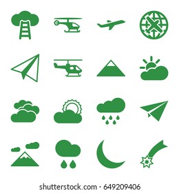 Sky icons set. set of 16 sky filled icons such as cloudy weather, plane, pyramid, paper airplane, sun, crescent, rain, sun cloud, helicopter, paper plane, ladder to the sky