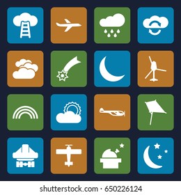 Sky icons set. set of 16 sky filled icons such as cloudy weather, helicopter, kite, cargo plane back view, moon and stars, sun, crescent, rain, rainbow, plane