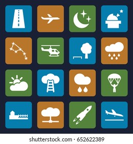 Sky icons set. set of 16 sky filled icons such as runway, plane landing, moon and stars, avenue, rain, sun cloud, plane, man with parachute, rocket, ladder to the sky