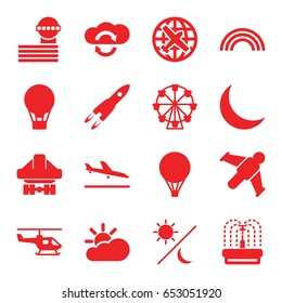 Sky icons set. set of 16 sky filled icons such as plane landing, plane, airport tower, fountain, cargo plane back view, crescent, sun cloud, rainbow, air balloon, sun and moon