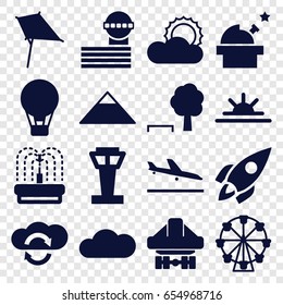 Sky icons set. set of 16 sky filled icons such as airport tower, plane landing, pyramid, kite, fountain, sun rise, cargo plane back view, sun, cloud, rocket, observatory