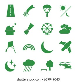 Sky icons set. set of 16 sky filled icons such as runway, cloudy weather, helicopter, rain, crescent, moon and stars, rainbow, kite, sun and moon, man with parachute