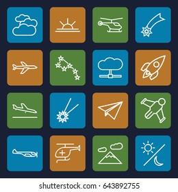 Sky icons set. set of 16 sky outline icons such as plane landing, cloudy weather, helicopter, sun rise, medical helicopter, rocket, plane, sun and moon, falling star