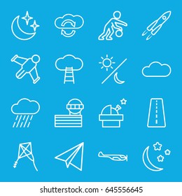 Sky icons set. set of 16 sky outline icons such as runway, helicopter, airport tower, paper airplane, rain, moon and stars, cloud, kite, sun and moon, basketball player