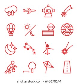 Sky icons set. set of 16 sky outline icons such as runway, plane, airport tower, kite, luggage compartment in airplane, moon and stars, download upload cloud, sun and moon