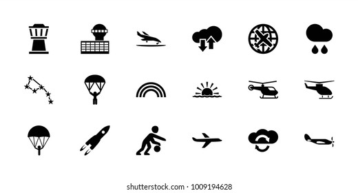 Sky icons. set of 18 editable filled sky icons: helicopter, plane, constellation, parachute, cloud sync, rain, basketball player, rocket, rainbow, download upload cloud