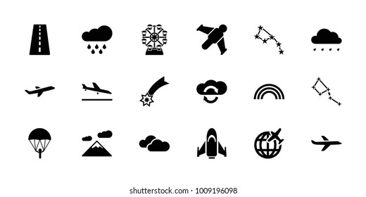 Sky icons. set of 18 editable filled sky icons: runway, plane landing, constellation, parachute, mountain, falling star, hang glider, plane, cloud sync, rain, rainbow