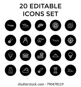 Sky icons. set of 20 editable outline sky icons such as airport tower, runway, plane landing, helicopter, plane, pyramid. best quality sky elements in trendy style.