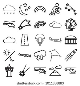 Sky icons. set of 25 editable outline sky icons such as runway, helicopter, observatory, falling star, constellation, mountain, ferris wheel, moon and stars, cloud