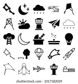 Sky icons. set of 25 editable filled and outline sky icons such as air balloon, tree and bench, moon and stars, ladder to the sky, sun cloud, kite, parachute, crescent, avenue