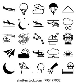 Sky icons. set of 25 editable filled and outline sky icons such as plane landing, falling star, sun, crescent, moon and stars, helicopter, cloudy weather, pyramid