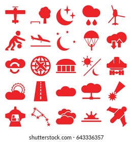 Sky icons set. set of 25 sky filled icons such as runway, plane landing, cloudy weather, plane, observatory, sun rise, cargo plane back view, luggage compartment in airplane