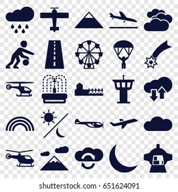 Sky icons set. set of 25 sky filled icons such as runway, plane landing, cloudy weather, helicopter, pyramid, airport tower, fountain, luggage compartment in airplane, plane