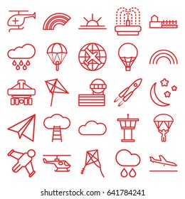 Sky icons set. set of 25 sky outline icons such as plane landing, plane, airport tower, paper airplane, kite, fountain, sun rise, cargo plane back view, moon and stars