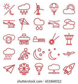 Sky icons set. set of 25 sky outline icons such as cloudy weather, helicopter, airport tower, kite, rain, cargo plane back view, moon and stars, sun, plane, avenue, rocket