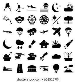 Sky icons set. set of 36 sky filled icons such as runway, plane landing, cloudy weather, helicopter, plane, observatory, airport tower, fountain, cargo plane back view