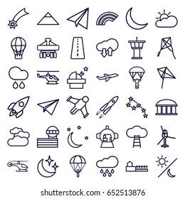 Sky icons set. set of 36 sky outline icons such as runway, cloudy weather, pyramid, airport tower, observatory, paper airplane, kite, cargo plane back view
