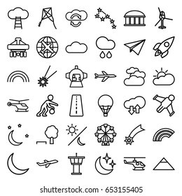 Sky icons set. set of 36 sky outline icons such as runway, cloudy weather, helicopter, plane, pyramid, airport tower, observatory, cargo plane back view