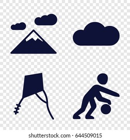 Sky icons set. set of 4 sky filled icons such as cloud, basketball player, kite