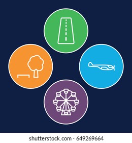 Sky icons set. set of 4 sky outline icons such as runway, helicopter, tree and bench
