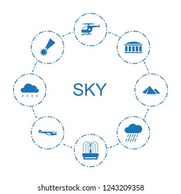sky icons. Set of 8 filled sky icons included medical helicopter, fountain, observatory, falling star, rain on circle background. Editable sky icons for web, mobile and infographics.