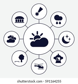 sky icons set. Set of 9 sky filled icons such as cloudy weather, helicopter, observatory, luggage compartment in airplane, moon and stars, rain, sun cloud, falling star