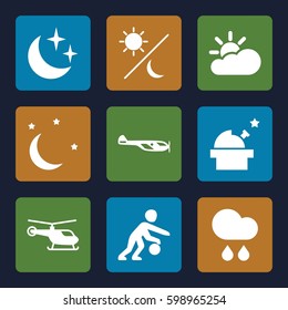 sky icons set. Set of 9 sky filled icons such as helicopter, moon and stars, rain, basketball player, sun cloud, sun and moon
