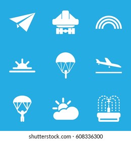 Sky icons set. set of 9 sky filled icons such as plane landing, fountain, sun rise, cargo plane back view, sun cloud, rainbow, man with parachute, paper plane