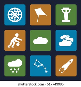 Sky icons set. set of 9 sky filled icons such as airport tower, cloudy weather, plane, kite, cloud, basketball player, rain, rocket