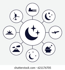 Sky icons set. set of 9 sky filled icons such as sun rise, moon and stars, plane, avenue, helicopter, observatory