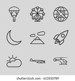 Sky icons set. set of 9 sky outline icons such as helicopter, plane, crescent, rocket, sun cloud, man with parachute, mountain