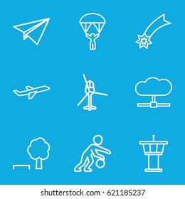 Sky icons set. set of 9 sky outline icons such as airport tower, plane, helicopter, man with parachute, basketball player, paper plane, falling star, tree and bench