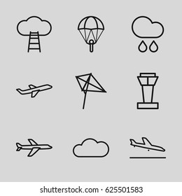 Sky icons set. set of 9 sky outline icons such as airport tower, plane landing, kite, plane, cloud, rain, ladder to the sky