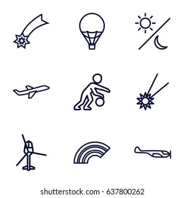 Sky icons set. set of 9 sky outline icons such as helicopter, plane, air balloon, sun and moon, basketball player, falling star