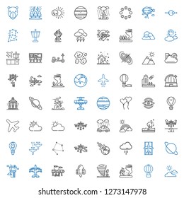 sky icons set. Collection of sky with cloudy, hot air balloon, tornado, spaceship, airplane, control tower, uranus, runway, cloud, asteroid, constellation. Editable and scalable sky icons.