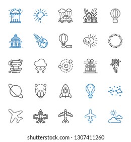 sky icons set. Collection of sky with cloudy, plane, airplane, constellation, hot air balloon, rocket, camel, uranus, helicopter, fountain, solar system. Editable and scalable sky icons.